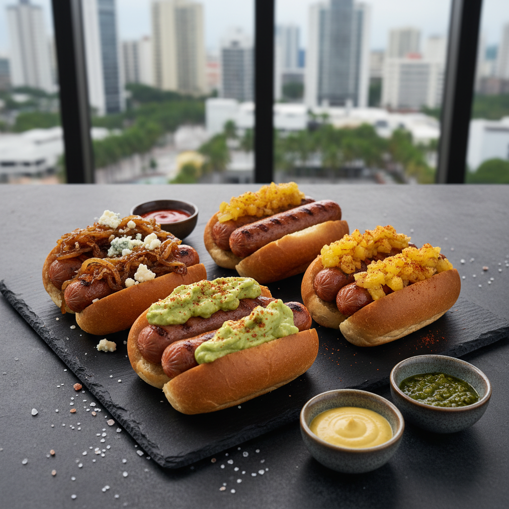 An overhead photographic view of a curated tasting board of mini gourmet hot dogs, each with a different innovative topping: one with caramelized onions and blue cheese crumble, another with avocado mousse and chili-lime dust, another with pineapple relish and smoked paprika. The sausages appear juicy and perfectly grilled, nestled in toasted brioche buns. The board sits on a dark stone counter with scattered sea salt flakes and tiny bowls of house-made sauces. Soft, diffused interior lighting creates even illumination and subtle reflections on the glossy ingredients. In the distant blur, hints of a vibrant, upscale Panama City neighborhood appear through a large window. Bold, modern atmosphere with sharp focus on the food and gentle background bokeh.